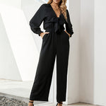 Wide Leg Casual Long Sleeve Solid Color Bowknot V Neck Jumpsuit