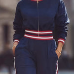 High Waisted Long Sleeves Pockets Striped Zipper Round-Neck Jumpsuits