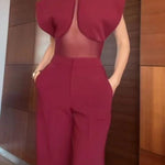 Vita Mesh Patchwork High Neck Wide Sleeve Bodysuit and High Rise Pocket Slit Pants Set