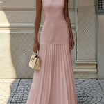 Sleeveless Gauze Pleated Solid Color Split-Joint Boat Neck Evening Dresses Maxi Dresses