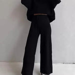 Nadorine Casual Street Loose Two-piece Sweatsuit Hooded Knitted Loose Top + Wide-leg Pants