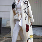 Nadorine Casual Long Sleeve Lapel Printed Notched Collar Warm Midi Jacket Overcoat
