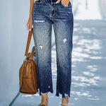 High Waisted Straight Leg Ripped Boyfriend Jeans Frayed Ankle Denim Pants