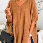 V Neck Loose Fit Solid Poncho Sweater