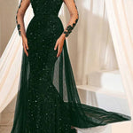 Evening Gown Dark Brown Sequined Lace Tulle Overskirt Mermaid Maxi Dress