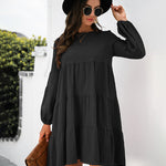 Long Puff Sleeve Shirt Dress Casual Crewneck Loose Fit Sundress Trendy Tiered Layer Summer Mini Dresses