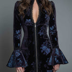 Vintage Floral Lace-trimmed Slim-fit Polyester Velvet Mini Dress