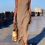 Nadorine Women's Casual One-shoulder sleeveless Loose Fit Cotton Linen Midi Dress