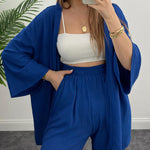 Two-Piece Set Long Sleeve Shirt Solid Color Pleated Elastic Waist Long Pants