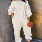 Nadorine Women's Casual Solid Cold Shoulder Long Sleeve Jumpsuit Loong Plus Size Pocket Rompers Overlay Suit