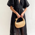 Remarkable Beauty Square Patterned Fabric Puff Sleeve Party Midi Dress