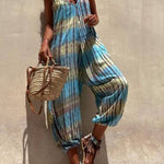 V-neck Printed Loose Lace-up Jumpsuit