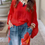 Loose Wide Leg Flower Print Jean Pants Bottoms Trousers