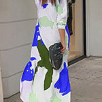 Loose Wrap Buttoned Contrast Color Pockets Printed Split-Side Shirt Dress
