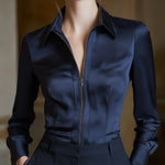 Tailored Zip-Front Long-Sleeve Fitted Blouse