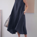 Round Neck Sleeveless Loose Solid Color Long Swing Cotton Linen Dress