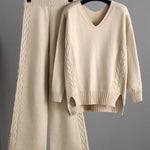 Stylish Loose Long Sleeves Solid Color V-Neck Sweater Tops& Wide Leg Pants Two Pieces Set