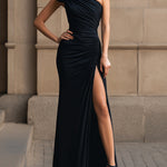 One-Shoulder Ruched High-Slit Evening Gown
