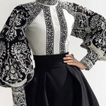 Long Sleeves Loose Contrast Color Flower Print High Neck Blouses&Shirts Tops