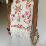 Sunny Day Linen Blend Contrast Embroidered Print Scallop Trim Lace-up Top