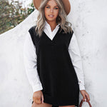 Solid Color Loose V-neck Sleeveless Vest Sweater Dresses