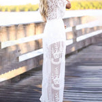 Floral Lace Maxi Dress V Neck Short Sleeve Boho Wedding Bridesmaid Evening Party Beach Slit Flowy Long Dresses