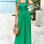 Sleeveless Lace-up Smocked Jumpsuits Solid Loose fit Wide Leg High Wasit Romper