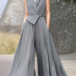 High Waisted Loose Pleated Pockets Solid Color Tied Notched Collar Jumpsuits