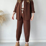 Simple Casual Two-Piece Set with Fleece Inside Lapel-Neck Shirt+Wide-leg Pants