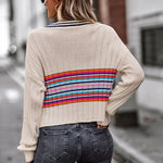 Striped Contrast V-Neck Dropped Shoulder Sweater
