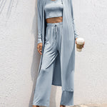 Nadorine Women's 3 Piece Outfits Lounge Scoop Neck Crop Tops High Waist Pants Open Front Cardigan Set