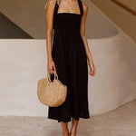 Elastic Waist Cross Straps Solid Casual Dress Sleeveless A-Line Summer Maxi Dress