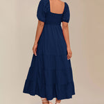 Square Neck Puff Short Sleeve Smocked Boho Maxi Dress Casual Flowy A Line Vacation Long Dress