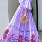 Elegant Unique Printed Lace Patchwork Lace Up Maxi Dress