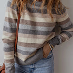 Gray Striped Ribbed Edge Round Neck Sweater