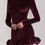 Velvet Round Neck Long Sleeve Ruched Puffy Hem Mini Dresses-Purple