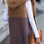Hooded Sleeveless Colorblock Pocket Buttonless Mid-Length Cardigan Puff Velvet Jacket