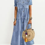 Vintage Denim Dress Short Sleeve Turn Down Collar Pockets Button Up Shift Summer Long Loose Dress
