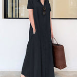 Nadorine Women's Casual Loose Short Sleeve Beach Dress Solid Color Loose Temperament Long Shirt Dress