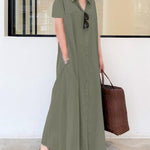 Nadorine Women's Casual Loose Short Sleeve Beach Dress Solid Color Loose Temperament Long Shirt Dress