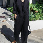 Single-breasted Casual Cropped Loose Wide-leg Jumpsuit with Drawstring