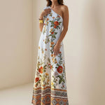 A-Line Sleeveless Contrast Color Flower Print Geometric Split-Joint One-Shoulder Maxi Dresses
