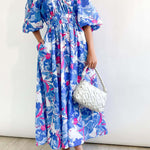 Elegant Square Neck Printed Puff Sleeve Long Dress