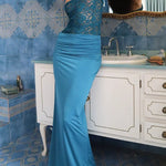 Jacquard Patchwork Ruched Slim Fit Sleeveless Maxi Dresses-Blue