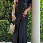 Party Favors Sequin One Shoulder Ruffle Detail Wide Leg Evening Jumpsuit