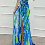 Amazing Views Watercolor Print Feather Rose Detail Off Shoulder Pleated Slit Maxi Dress