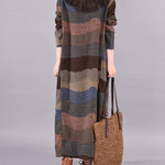Artistic Retro Loose Ramie Cotton Striped Multi-Colored Round-Neck Long Sleeves Midi Dress