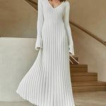 Long Sleeve Dress V-Neck Knit Maxi Dress Ribbed Elegant Long High Waist Pleated Dresses
