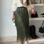 Party Crasher Layered Sequined Tassels High Rise Back Zipper Midi Skirt