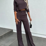 Nadorine Casual Two-Piece Set Slim-Fit Half-sleeve Crop Tops and Wide-Leg Pants